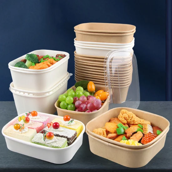 Eco Friendly Packaging Takeaway Takeout Square Salad Bowls Paper Food Container with Lid Sustainable Paper Cup 7